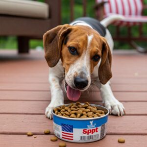 A young puppy from the USA eating salmon-flavored kibble from a dish