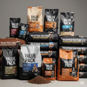 Stack of various sizes of value pack dog food bags, demonstrating the benefits of buying in bulk for your canine companion.