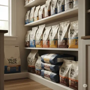 Organized pantry showing several value pack dog food bags, emphasizing the convenience of always having dog food on hand.