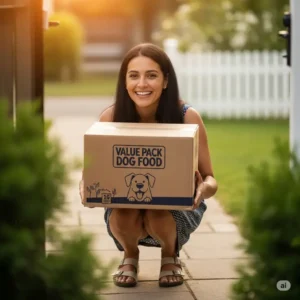 Illustration of a dog food delivery at a doorstep, representing the ease of ordering value pack dog food online.