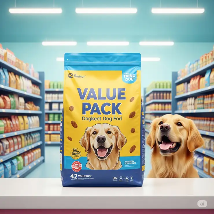 A happy golden retriever looks eagerly at a large, affordable value pack of nutritious dog food, highlighting the convenience and savings.