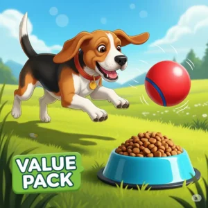 Energetic dog playing, symbolizing the healthy and active lifestyle supported by nutritious value pack dog food.
