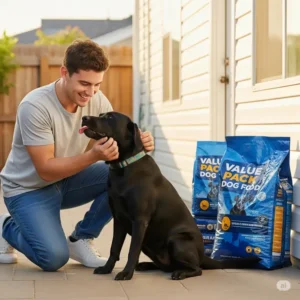Happy pet owner smiling while petting their dog, with value pack dog food in the background, showing the satisfaction of providing quality food affordably.