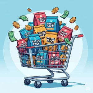Illustration of a shopping cart filled with value pack dog food bags, symbolizing significant savings for pet owners.