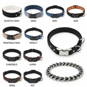 A collection of different thick dog collars, including padded, nylon, and metal chain options, suitable for all dog sizes.