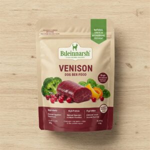 Package of venison dog food, highlighting the natural and wholesome ingredients.