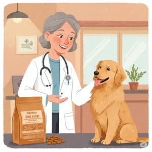 Illustration of a veterinarian recommending wholesome and nutritious dog food.