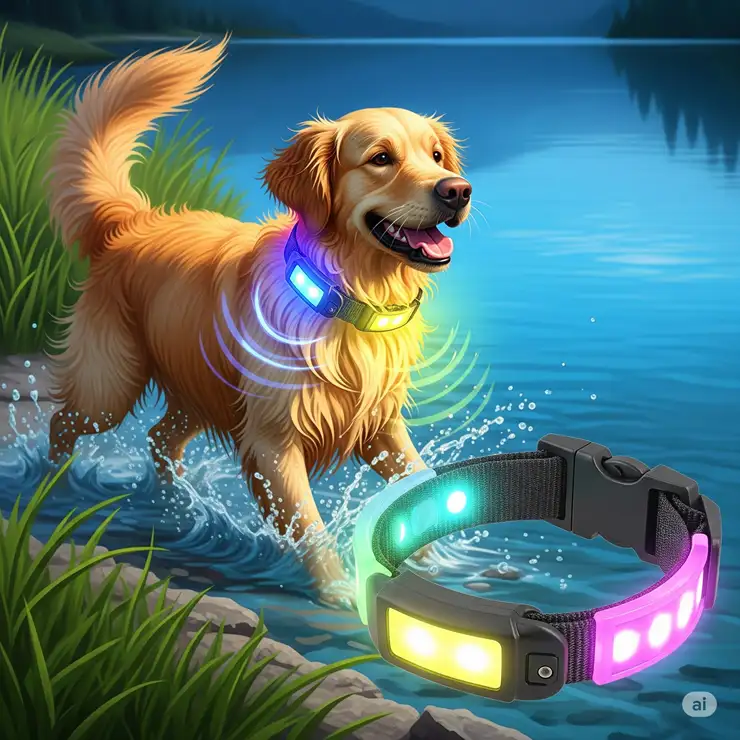 Illustration of a dog playing near water while wearing a waterproof light up dog collar, demonstrating durability and all-weather use.