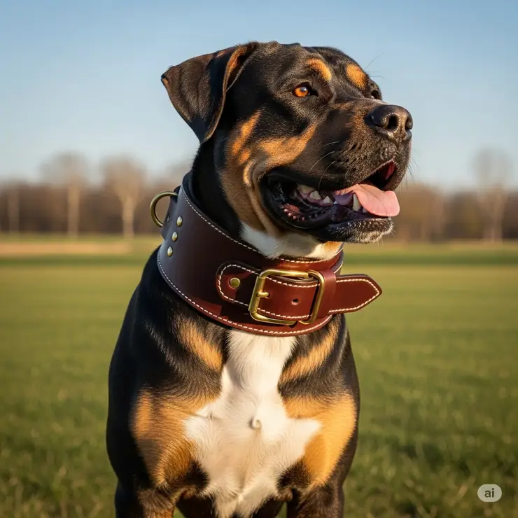 A close-up of a high-quality leather big dog collar with a sturdy buckle, ideal for large breeds like German Shepherds or Great Danes.