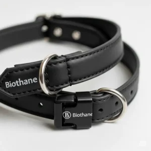 Detailed shot showcasing the smooth, leather-like texture and flexibility of a premium Biothane dog collar