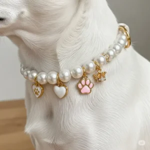A stylish pearl dog collar featuring cute charms, adding a touch of personality.