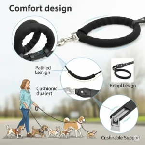 Illustration focusing on the comfort aspects of a dog lead, showcasing padded handles and ergonomic designs for both pet and owner.