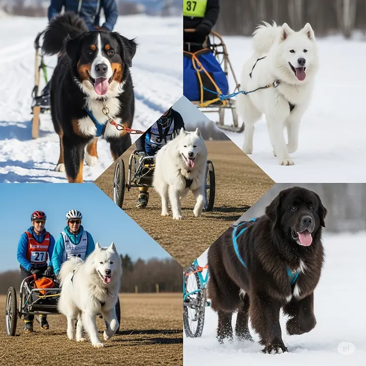 A collage of different dog breeds (e.g., Bernese Mountain Dog, Samoyed, Newfoundland) commonly suited for wearing a dog pulling harness for various activities.