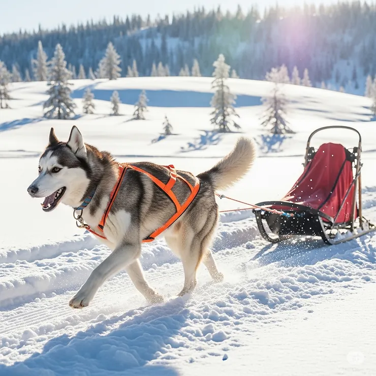 An energetic husky pulling a sled in the snow, showcasing a dog pulling harness designed for winter activities and sledding.