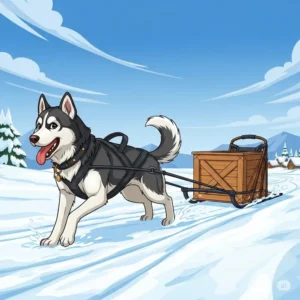 An illustration of a happy sled dog efficiently pulling a load while wearing a durable sled dog harness.