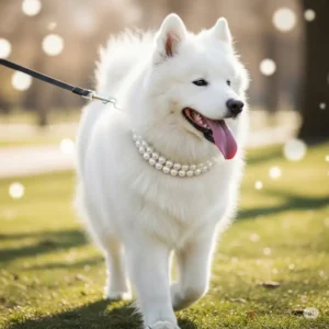 Happy dog on a leash, proudly sporting a beautiful pearl dog collar during a walk.