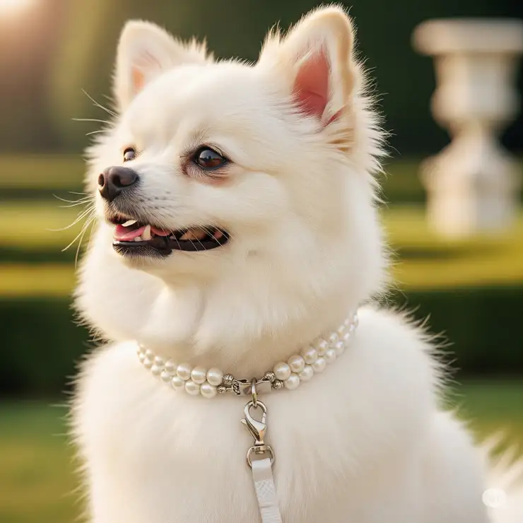 An elegant pearl dog collar, perfect for special occasions, adorning a well-groomed dog