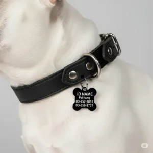 Custom-engraved ID tag attached to a comfortable black Frenchie dog collar, ensuring pet safety and easy identification.