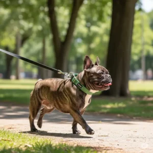 Happy French bulldog on a leash, wearing a sturdy green Frenchie dog collar during an outdoor stroll in a park.