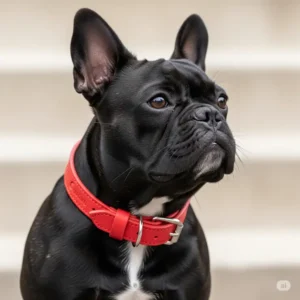 A stylish black French bulldog wearing a durable red leather collar, perfect for everyday walks and training.