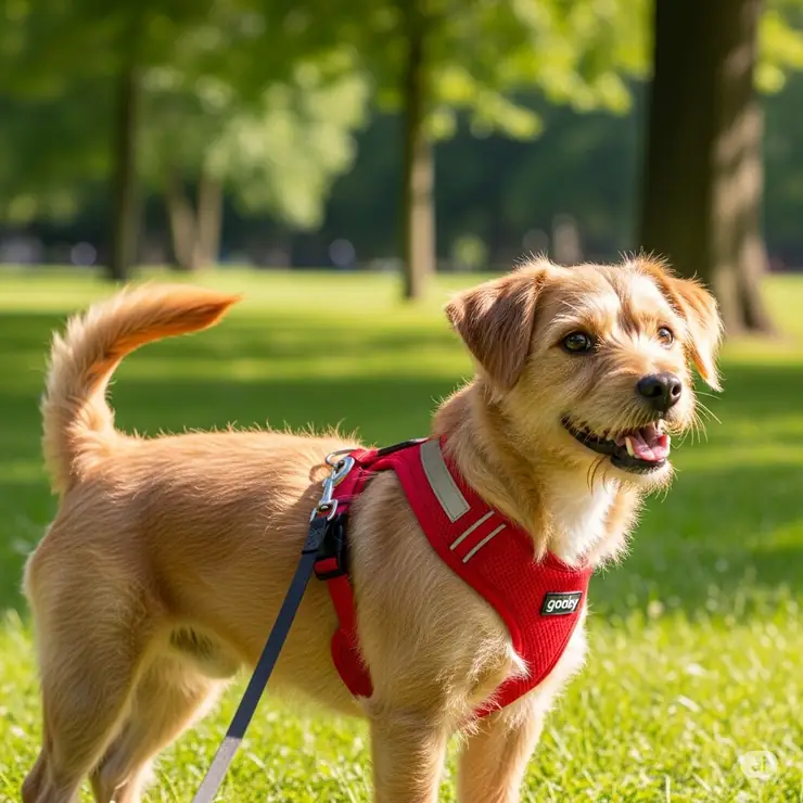 A small, happy dog comfortably wearing a red Gooby dog harness, ready for a walk in a park.