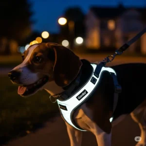 Image highlighting the reflective trim on a Gooby dog harness, enhancing visibility during night walks.