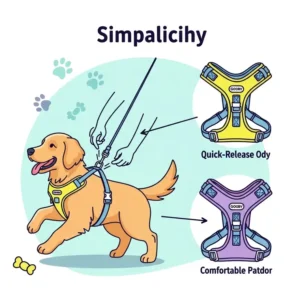 Illustration showing how easily a dog steps into a Gooby dog harness, highlighting its simple design.
