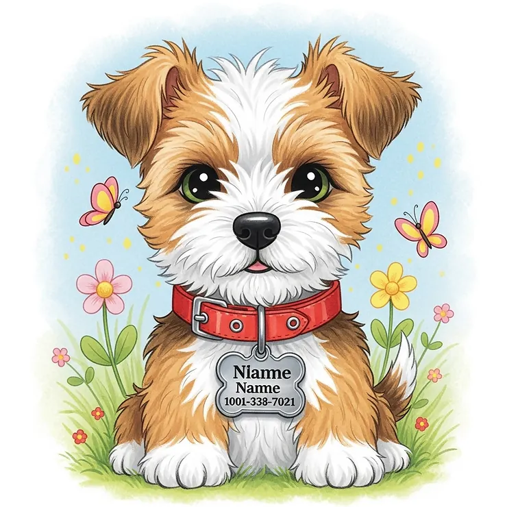 Illustration of a small dog wearing a well-fitted collar with an attached identification tag, highlighting the importance of ID for small dog safety and lost pet prevention.