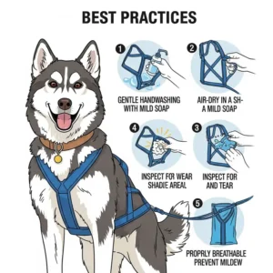 An illustration demonstrating best practices for cleaning and maintaining a sled dog harness to prolong its lifespan.