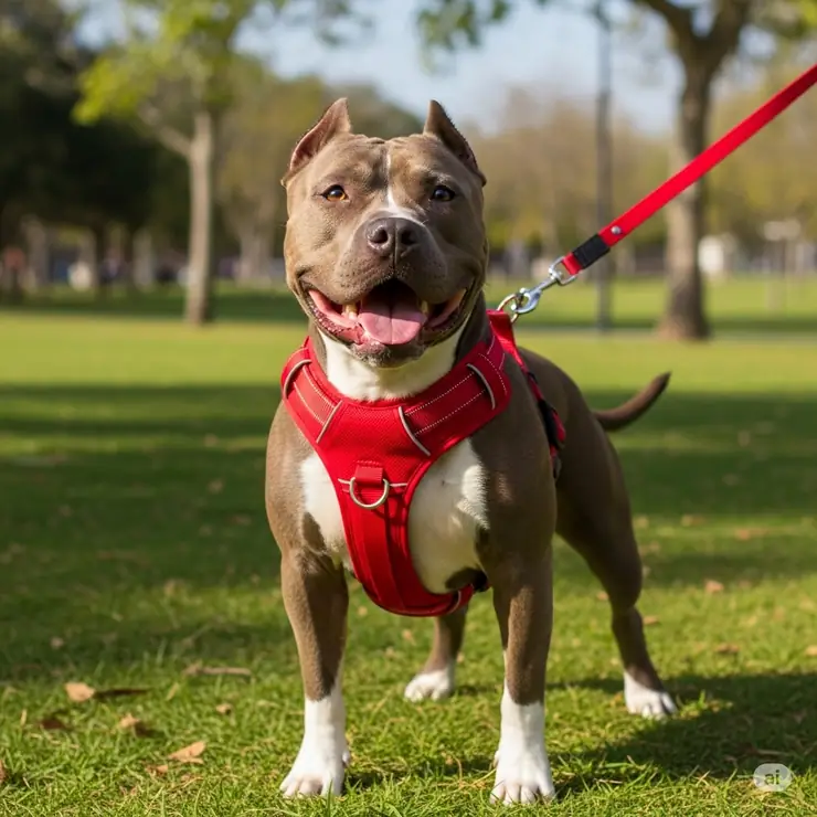 A strong, well-fitted pitbull dog harness securely on a happy pitbull, ready for a walk. This comfortable harness is ideal for controlling powerful breeds.