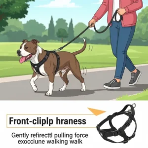  Illustration of a pitbull wearing a front-clip dog harness, demonstrating how it helps reduce pulling during walks.
