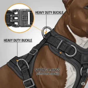 Detailed illustration of a heavy-duty buckle and strong D-rings on a durable pitbull dog harness, ensuring security and longevity.