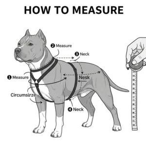 Illustration guiding how to measure a pitbull for a proper fitting dog harness, emphasizing chest and neck measurements for comfort.