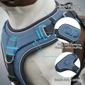 Close-up illustration of the padded areas on a pitbull dog harness, emphasizing comfort and preventing chafing for active dogs.