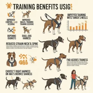 Infographic illustrating the training benefits of using a pitbull dog harness, such as improved control and reduced strain on the dog's neck.