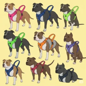 Illustration showcasing various colors and styles of pitbull dog harnesses available, offering options for different preferences.