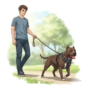  Illustration of a person calmly walking a pitbull using a reliable dog harness, depicting good leash manners and control.