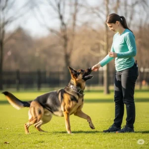 A happy dog, looking engaged and responsive, participating in a positive reinforcement training session while wearing a prong pinch collar, illustrating its role as a communication tool.