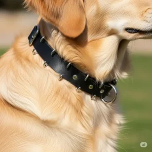 Close-up image illustrating the correct and safe fit of a prong pinch collar on a dog's neck, with prongs positioned evenly and snugly, not too loose or tight.