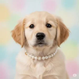 Adorable puppy wearing its very first pearl dog collar, a charming accessory for young dogs