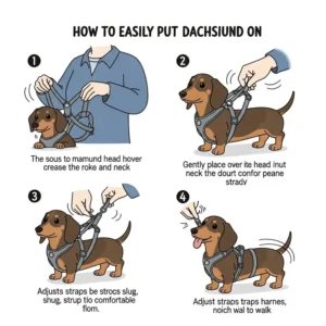 A step-by-step illustration guiding owners on how to easily put a harness on their wiener dog.