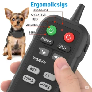 Close-up illustration of a remote control device used to operate a shock collar for small dogs, highlighting its features and buttons.