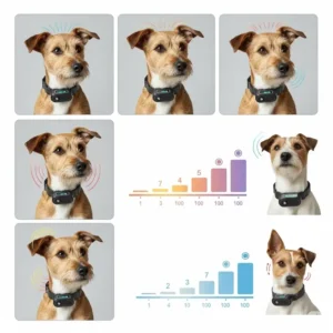 An illustration detailing the safety features of shock collars designed for small dogs, such as automatic shut-off mechanisms.