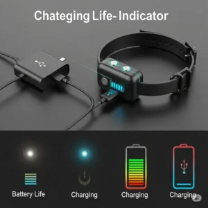 An illustration showing a shock collar for small dogs being charged, emphasizing battery life and charging indicators.