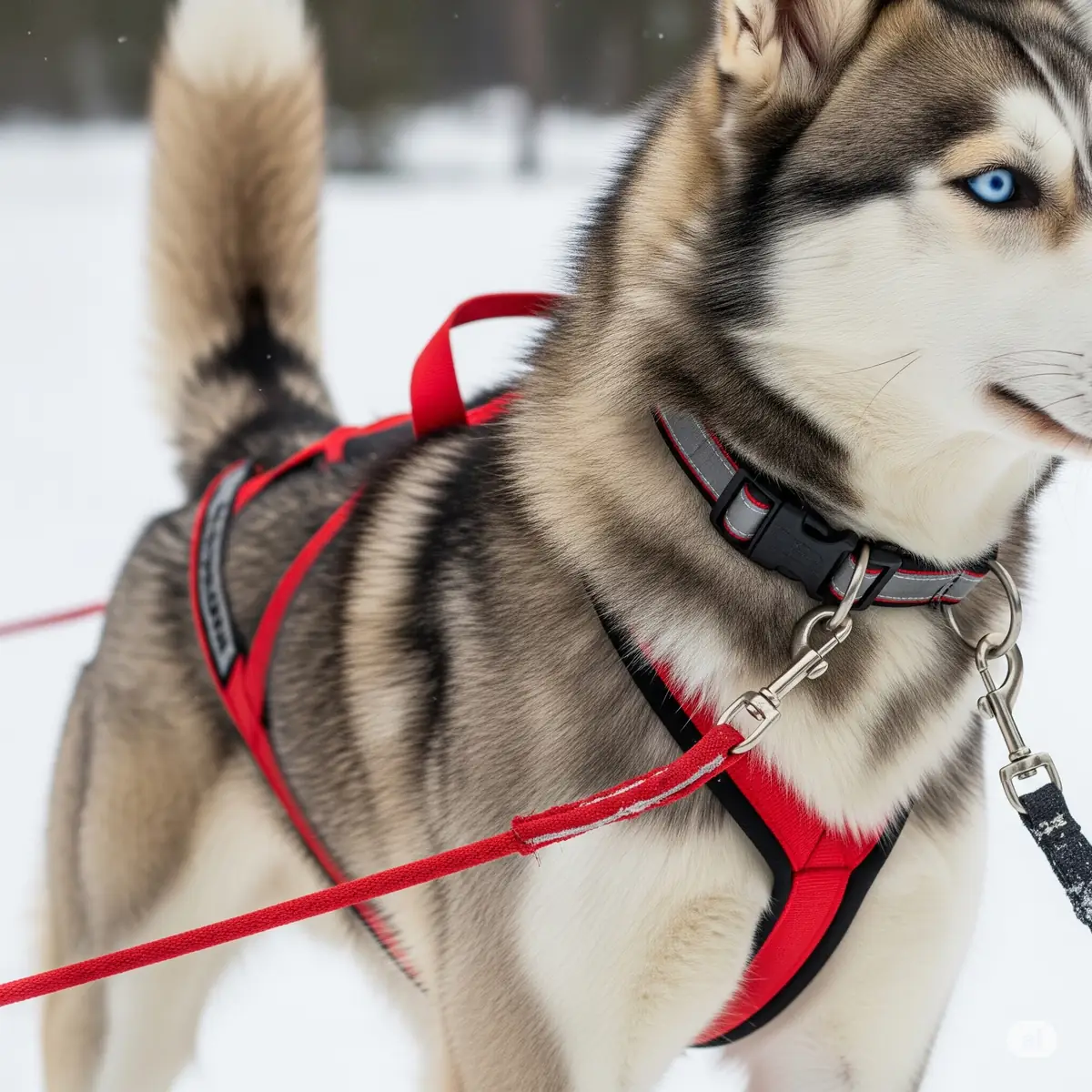 A close-up of a well-fitted sled dog harness on a husky, ready for a snowy adventure.