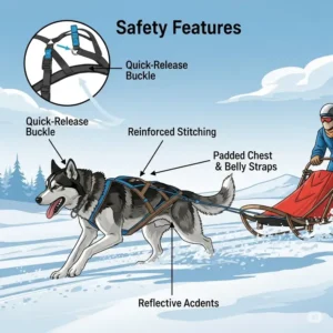 Graphic illustrating important safety features to look for in a reliable sled dog harness, such as reflective accents.