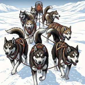 An illustration depicting a cohesive team of sled dogs, each outfitted with a professional sled dog harness.