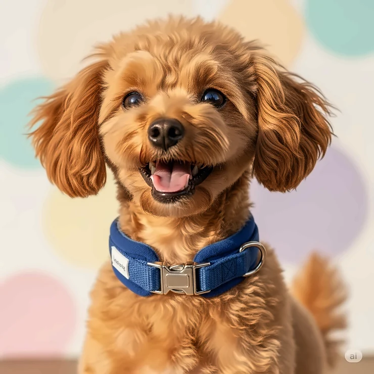 A close-up of a happy small dog wearing a comfortable, well-fitting dog collar, highlighting the quality and appropriate size for small breeds.