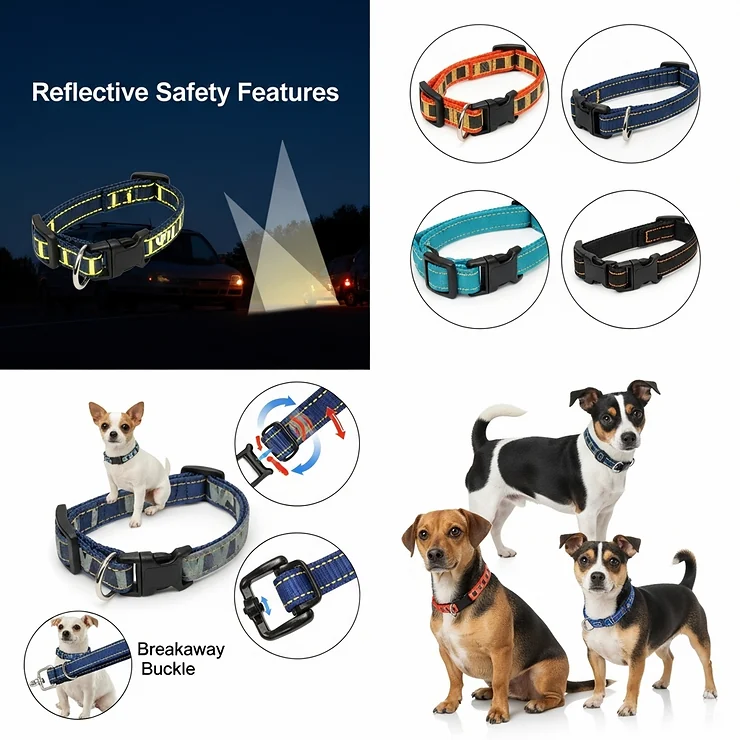 Visual representation of essential safety features on dog collars for small dogs, such as reflective stitching or breakaway elements.