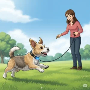 Illustration of a small dog successfully performing a recall command during outdoor training, guided by a shock collar for small dogs.
